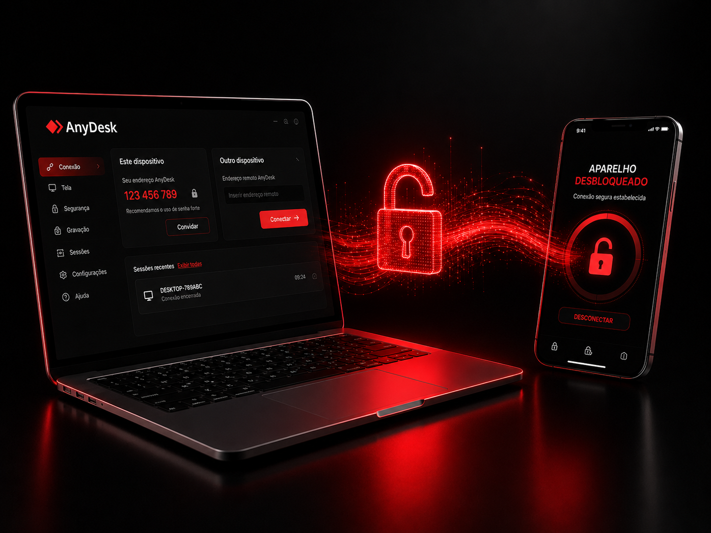 Notebook conectado remotamente a um smartphone realizando desbloqueio com tecnologia segura